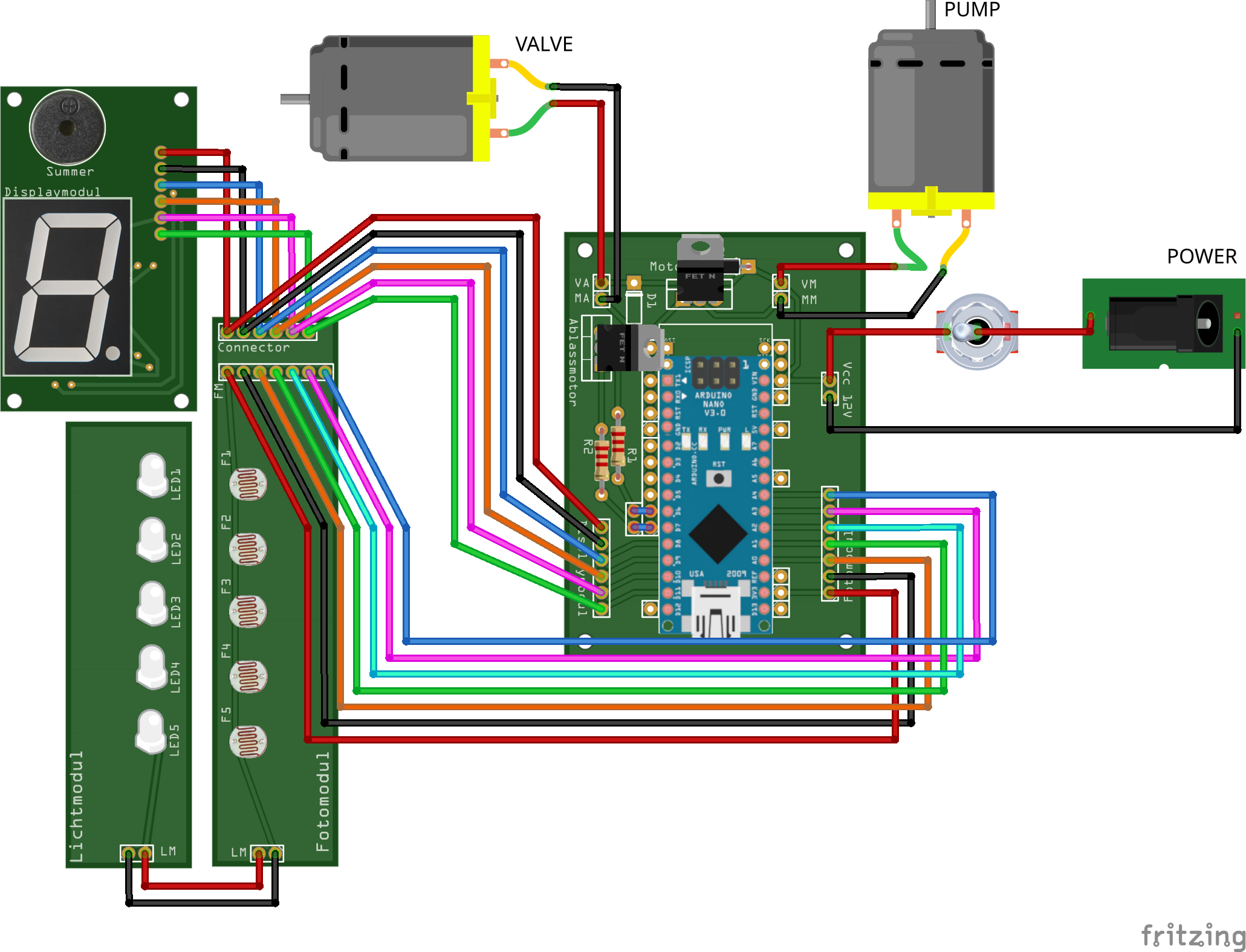 Breadboard-view wiring diagram connecting all modules to the Arduino Nano.